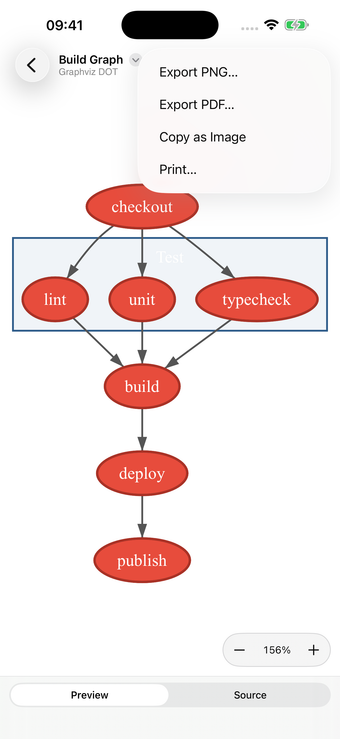 Diagrammar's export menu on iPhone: Export PNG, Export PDF, Copy as Image, Print.