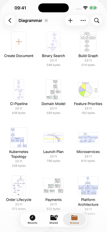 The Files app on iPhone showing diagram files as drawn thumbnails.