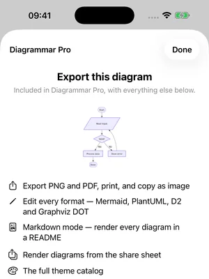 The Diagrammar Pro sheet on iPhone, headed "Export this diagram" and "Included in Diagrammar Pro, with everything else below", above a small rendered flowchart and a feature list covering export, editing every format, Markdown mode, the share extension and the full theme catalogue.